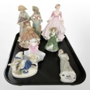 A pair of Italian porcelain figurines, and six further figurines including Coalport, etc.