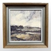 James Williamson-Bell SWLA (British, 1938-2010): Farmland with hills beyond, watercolour,