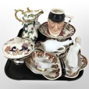 A group of ceramics including Masons Chartreuse and blue Mandalay lidded vessels,