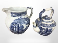 A large Copeland Spode Italian blue and white jug, height 30cm,