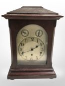 An Edwardian mahogany eight day chiming bracket clock with silvered dial, height 40cm,