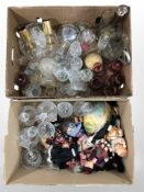 A quantity of crystal drinking glasses, decanter, small quantity of dolls, etc.