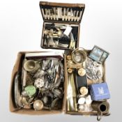 Assorted silver-plated wares including salvers, swing-handled basket, cutlery, tea wares,