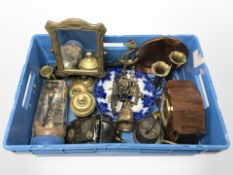 A Smiths Art Deco mantle clock, brass swing mirror, and other items, antique door lock plate,