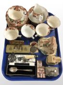 A group of Wellington Imari tea china, vintage tins, silver teaspoon in box,