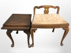 A small oak pull out table and a walnut stool