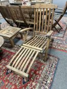 A plantation teak folding garden steamer chair, width 64.5cm.