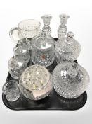 A group of crystal items including Webb lidded biscuit jar, pair of candlesticks, jug,