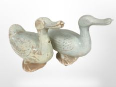 A pair of Spanish ceramic figures of ducks by Becara, length 32cm.