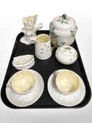 A group of Belleek porcelain including biscuit jar, preserve pot,