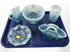 Five pieces of Victorian blue vaseline glass including basket, beaker, pedestal bowl, etc.
