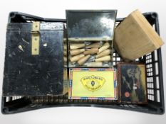 A tin containing wood carving chisels, further boxes to include King Edward cigar box,