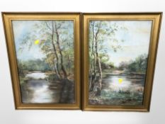 British School (early-20th century) : A pair of studies of calm streams in woodland, oil on canvas,