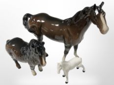 A Beswick brown gloss horse, further Shetland pony, and a foal, tallest 21cm.