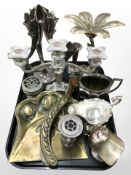 A group of silver-plated wares including candelabrum, vases, table centrepiece,
