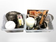 A group of silver-plated salvers, wine bucket, soda siphon, reproduction enamel sign,