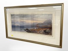 Nineteenth century School : Figure with a dog by a loch, watercolour, 49 cm x 20 cm.