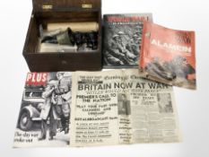 A group of military ephemera, wooden table box with painted swastika to front, pair of binoculars,