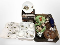 A bone china tea set depicting fox hunting scenes, German pottery steins, leaf dishes,