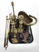 A Victorian copper swing-handled bucket, pair of candlesticks, fire companion pieces, figural lamp,