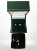A pair of 9ct gold ball stud earrings, and a further yellow metal and pearl pair of earrings.