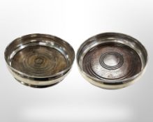 Two 20th-century silver wine coasters, diameter 13.5cm.