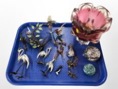 A group of Italian glass animal ornaments, pedestal vase and two paperweights.