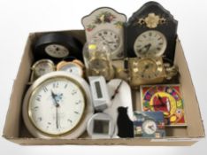 A group of assorted quartz wall and mantle timepieces, clock under dome, reproduction lantern clock,