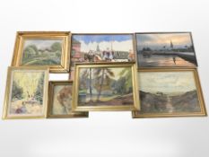 A group of 20th-century continental school oil paintings, portrait study, landscapes, etc.