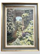 Peter Langley (British, Contemporary) : Quarry Garden, Belsay, oil on canvas, 40 cm x 55 cm, framed.