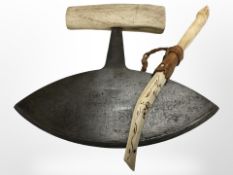 A North American Inuit knife with moose antler handle, and a further tool, knife 15cm wide.