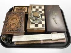 A Bakelite glove box, a backgammon board, two parquetry-inlaid trinket boxes,