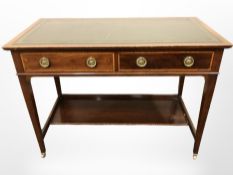 A late Victorian mahogany and satinwood banded two drawer table,
