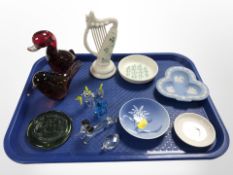 A Belleek porcelain harp, a Wedgwood Jasperware clover-shaped dish, Royal Copenhagen pin dish,