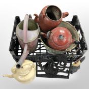 A group of metal wares including enamelled coffee pots, galvanised watering can,