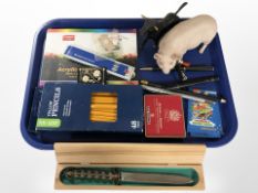 A group of artist's pens and pencils, Aynsley figure of a pig, letter knife, etc.