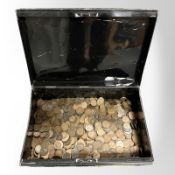 A black cashier's tin (with key) containing a large collection of copper coins,
