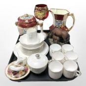 A Maling lustre vase and similar biscuit barrel, Tuscan lustre coffee china, gilt ruby glass goblet,