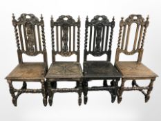 A set of four Victorian carved oak barley twist dining chairs