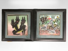 Two contemporary oil paintings depicting stylized birds and deers signed Huha,