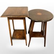 An Edwardian oak plant stand and inlaid mahogany occasional table