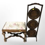 An Edwardian oak cake stand and Queen Anne style stool