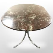 A 20th century Scandinavian marble oval dining table on chrome support,