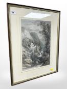 J B Smith (19th century) : Figures seated on rocks by a watermill, watercolour, signed lower right,