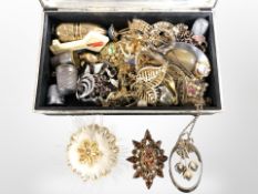 A Japanese silver-plated trinket box containing assorted costume brooches, cufflinks, thimbles,