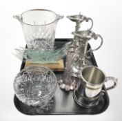 A pair of contemporary silver-plated pricket candlesticks, tankard,