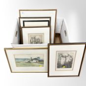 Seven various pictures to include water drawing of a cottage, monochrome prints, charcoal study etc.