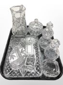 A group of crystal dressing table bottles, tray, ring stand, together with a water jug, lidded bowl,