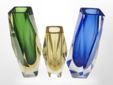 Three Murano coloured glass vases, tallest 21cm.