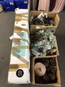 Three artificial Christmas trees and assorted decorations